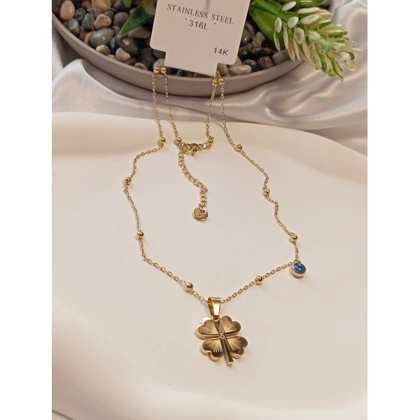 Nazar Boncuklu Yonca Figürlü 14 K Kaplama Çelik Kolye