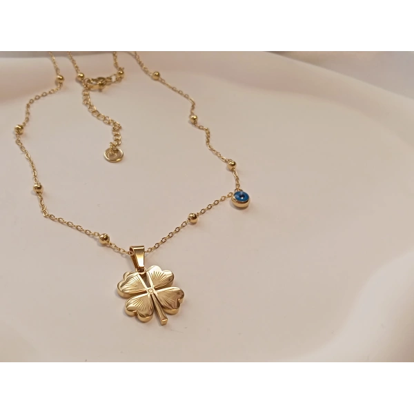 Nazar Boncuklu Yonca Figürlü 14 K Kaplama Çelik Kolye