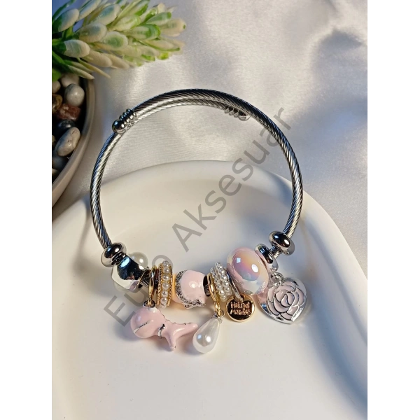 Pembe Dinazor Detaylı Charm Bileklik