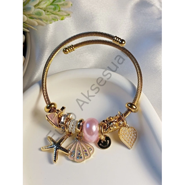 Pembe - Gold Deniz Yıldızı Detaylı Charm Bileklik