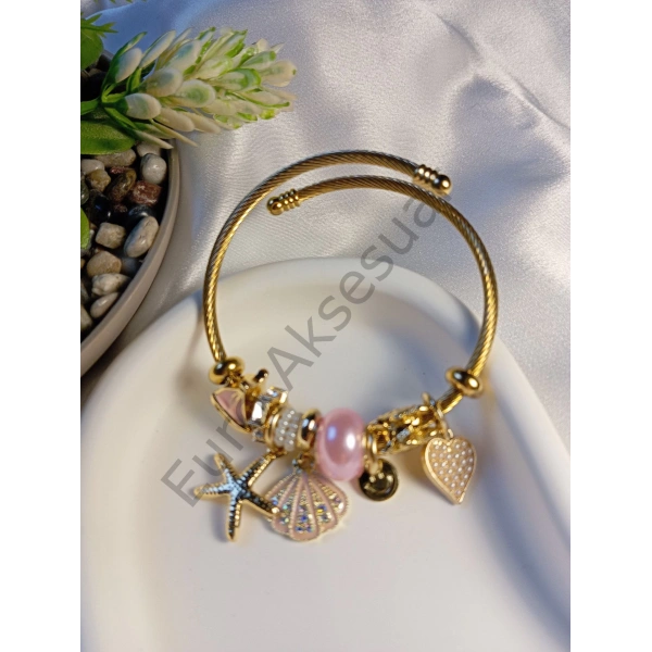 Pembe - Gold Deniz Yıldızı Detaylı Charm Bileklik