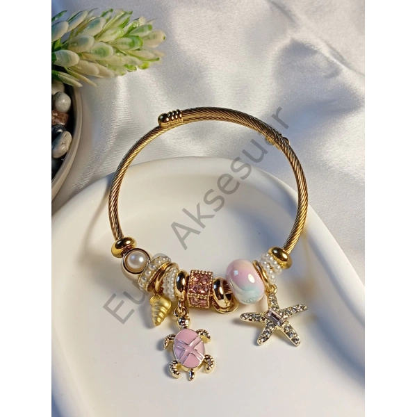 Pembe Kaplumbağa Detaylı Çelik Charm Bileklik