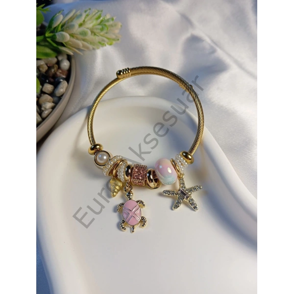Pembe Kaplumbağa Detaylı Çelik Charm Bileklik