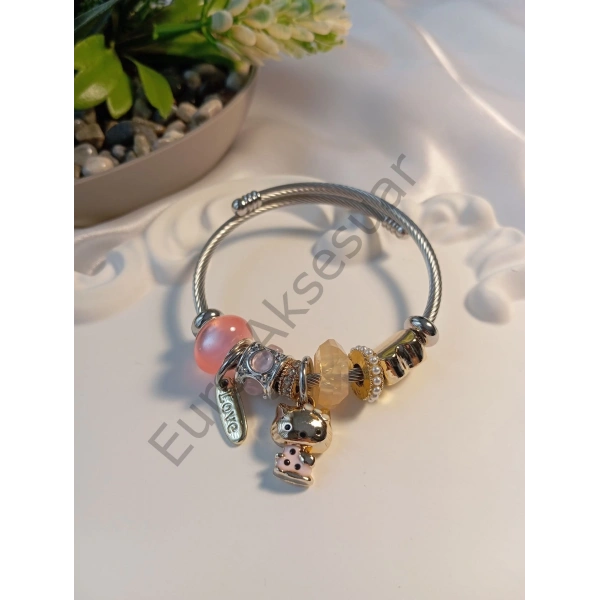 Pembe Renk Kedi Charm Detaylı Pandora