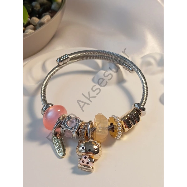 Pembe Renk Kedi Charm Detaylı Pandora