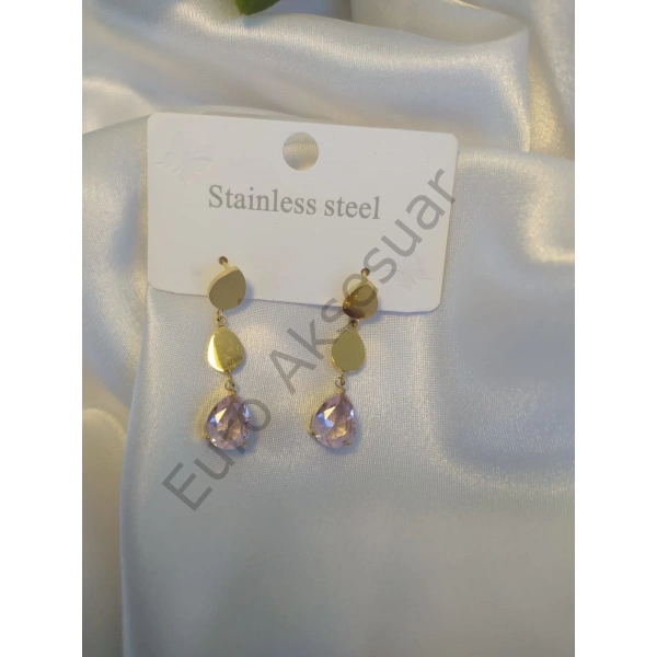 Pembe Taşlı Çelik Küpe