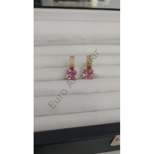Pembe Zİrkon Taşlı Çelik Küpe