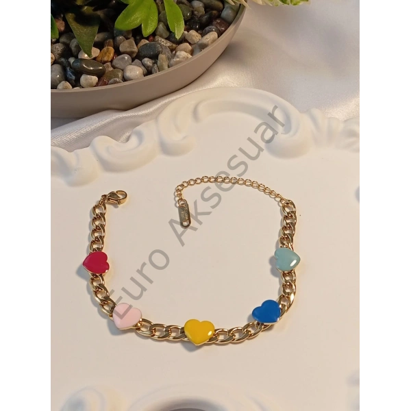 Renkli Kalp Detaylı Çelik Bileklik