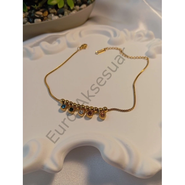 Renkli Taş Detaylı Çelik Halhal