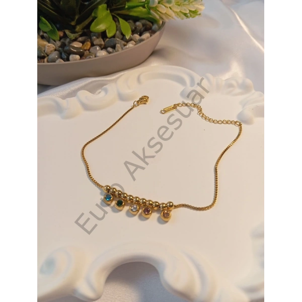 Renkli Taş Detaylı Çelik Halhal