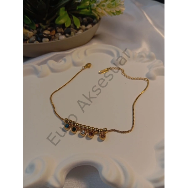 Renkli Taş Detaylı Çelik Halhal