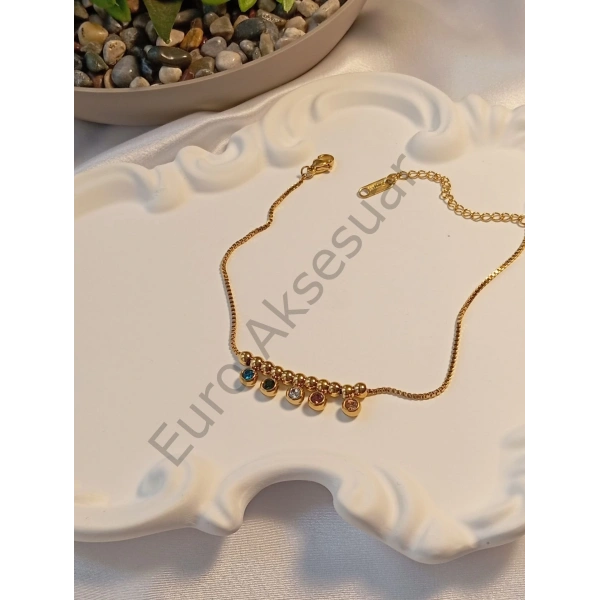 Renkli Taş Detaylı Çelik Halhal