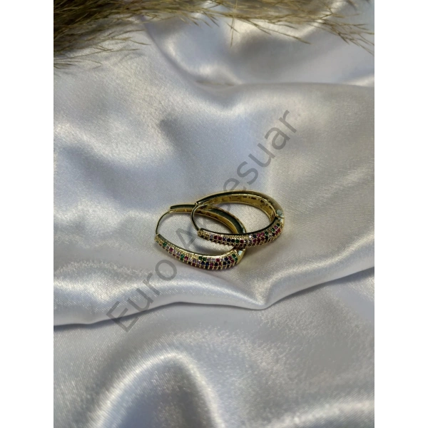 Renkli Taş Detaylı Çelik Küpe