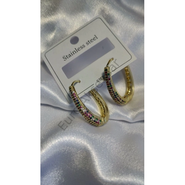 Renkli Taş Detaylı Çelik Küpe