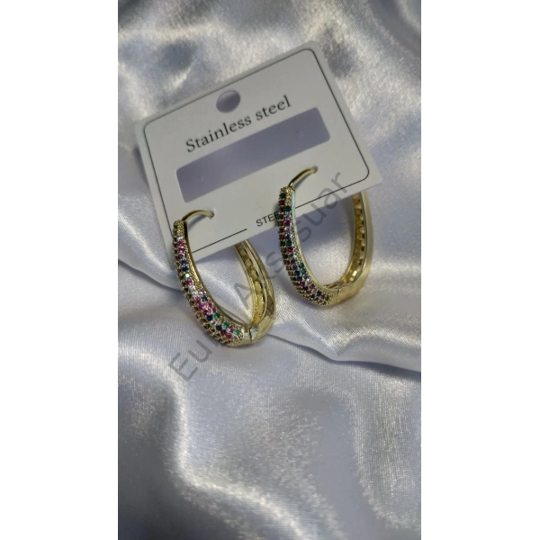 Renkli Taş Detaylı Çelik Küpe