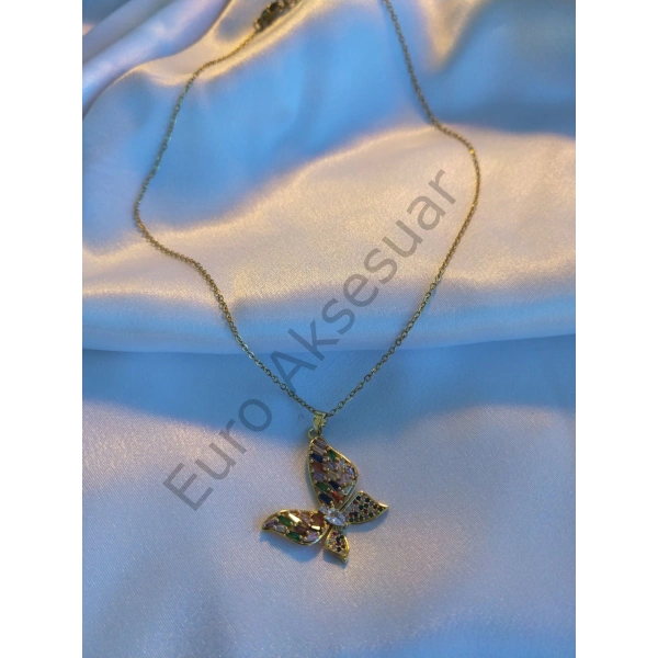 RENKLİ TAŞLI KELEBEK FİGÜRLÜ ÇELİK KOLYE