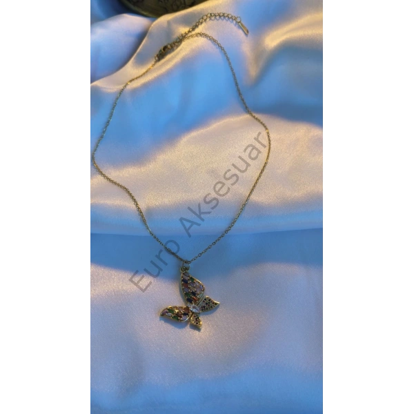 RENKLİ TAŞLI KELEBEK FİGÜRLÜ ÇELİK KOLYE