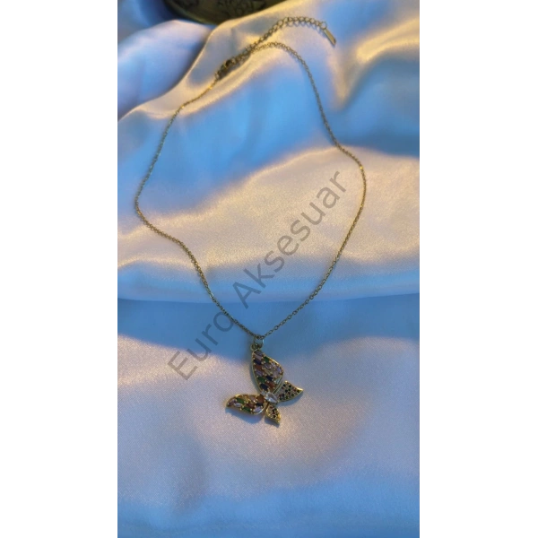 RENKLİ TAŞLI KELEBEK FİGÜRLÜ ÇELİK KOLYE