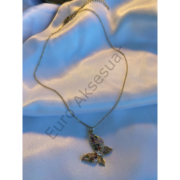 RENKLİ TAŞLI KELEBEK FİGÜRLÜ ÇELİK KOLYE