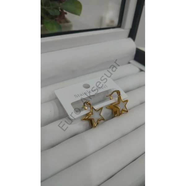 Sedefli Çelik Yıldız Detaylı Çelik Küpe