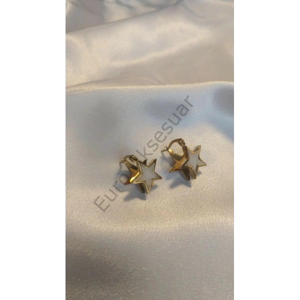 Sedefli Çelik Yıldız Detaylı Çelik Küpe