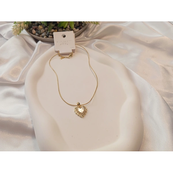 Sedefli Kalp Figürlü 14 K Kaplama 45 cm Çelik Kolye