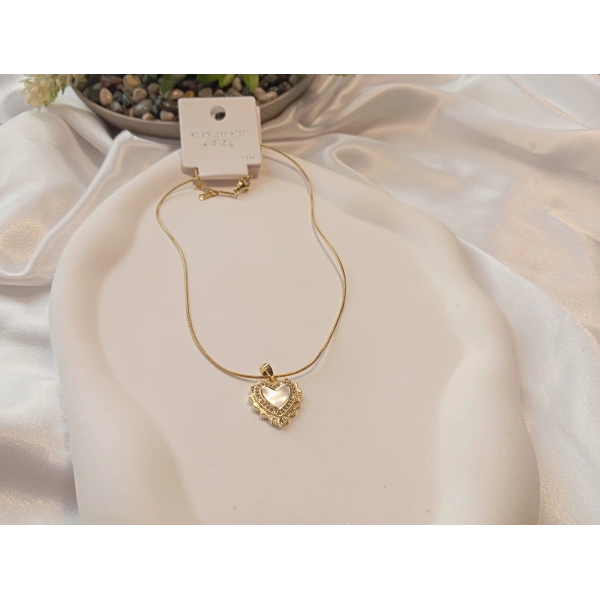 Sedefli Kalp Figürlü 14 K Kaplama 45 cm Çelik Kolye