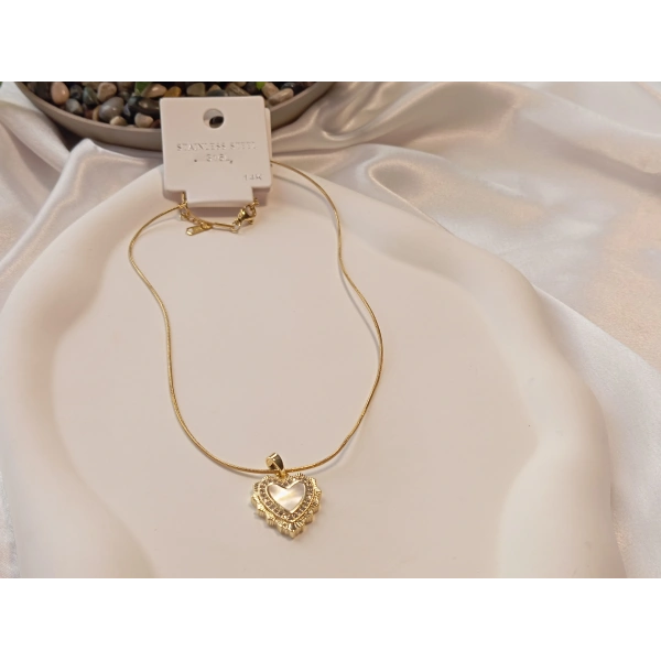 Sedefli Kalp Figürlü 14 K Kaplama 45 cm Çelik Kolye