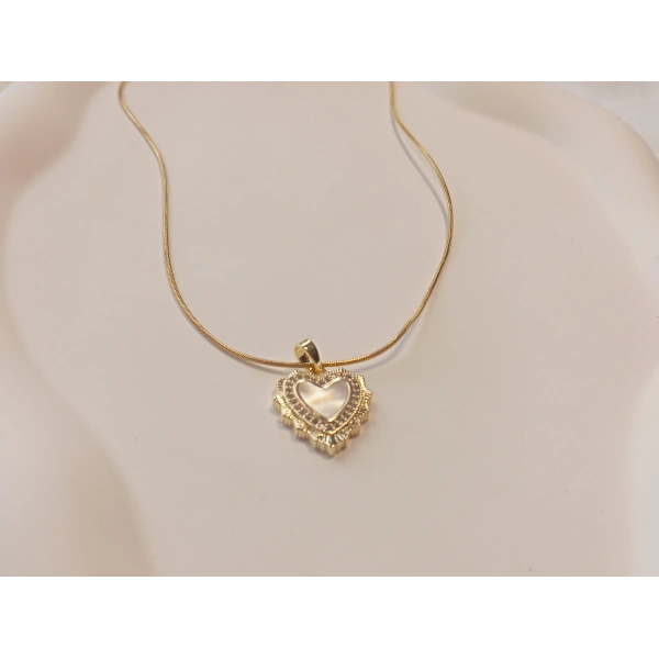 Sedefli Kalp Figürlü 14 K Kaplama 45 cm Çelik Kolye