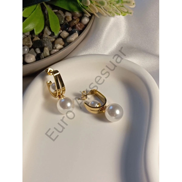 Şık İnci Detaylı Çelik Küpe