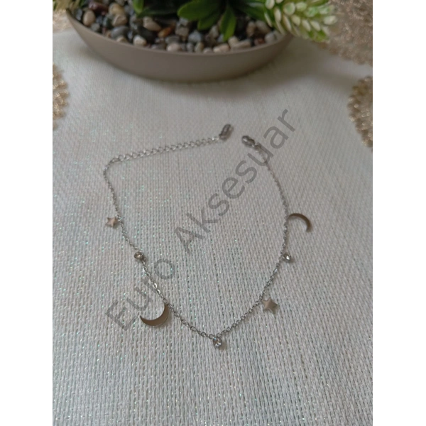 Silver Ay Yıldız Detaylı Çelik Halhal