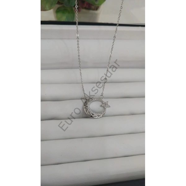 Silver Ay Yıldız Detaylı Çelik Kolye