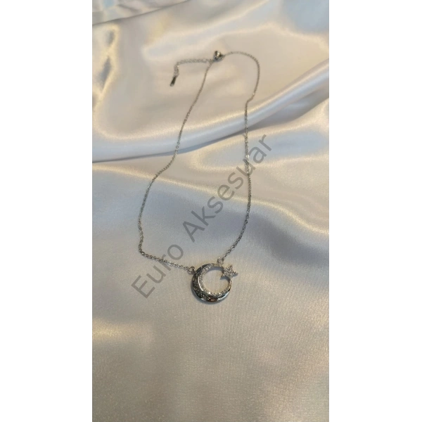 Silver Ay Yıldız Detaylı Çelik Kolye