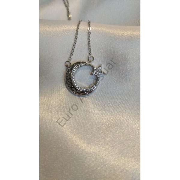 Silver Ay Yıldız Detaylı Çelik Kolye