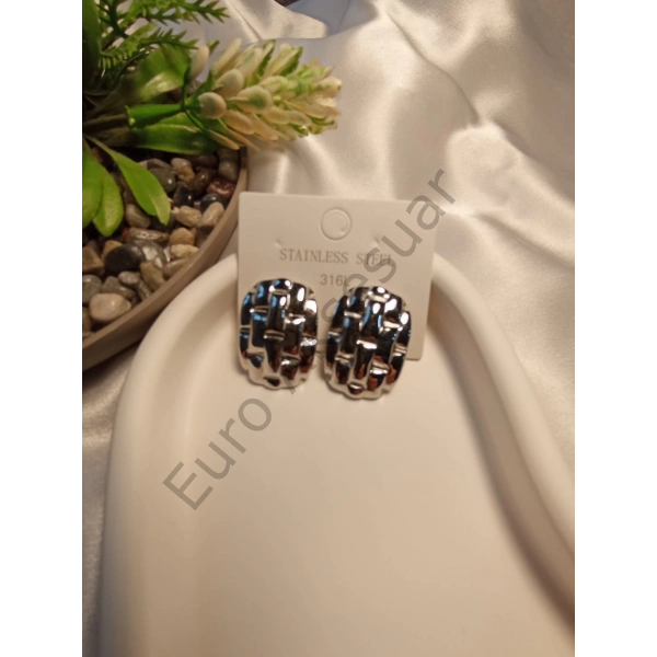 Silver Büyük Boy Hasır Detaylı Çelik Küpe