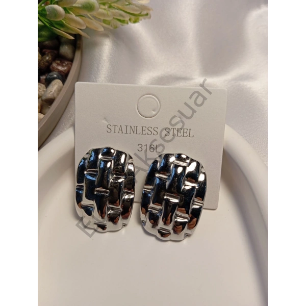 Silver Büyük Boy Hasır Detaylı Çelik Küpe