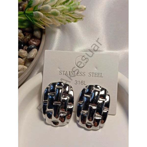 Silver Büyük Boy Hasır Detaylı Çelik Küpe