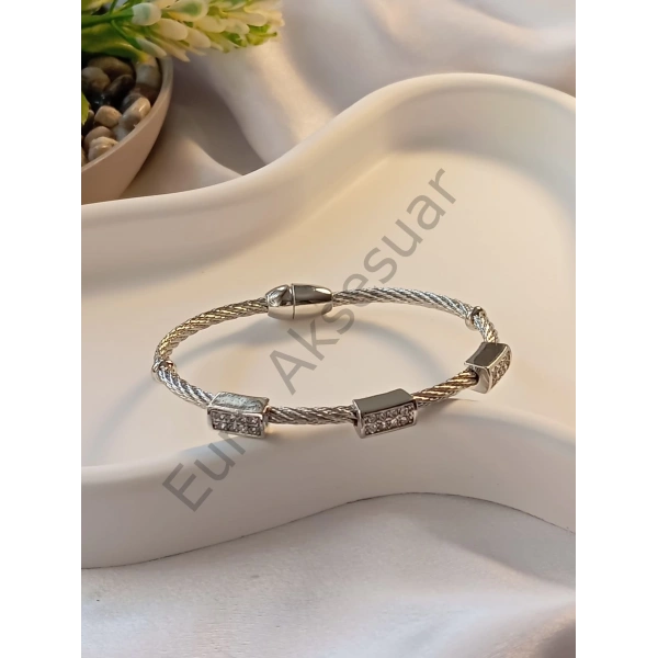 SİLVER ÇELİK MIKNATISLI ZİRKON TAŞLI KELEPÇE BİLEKLİK