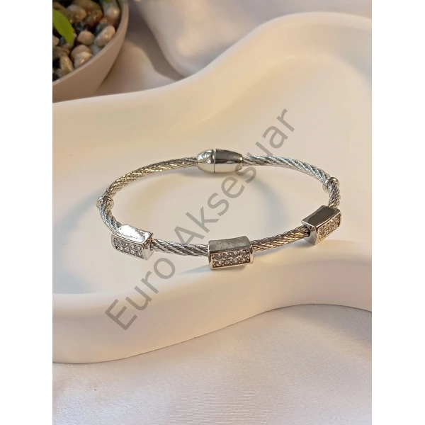 SİLVER ÇELİK MIKNATISLI ZİRKON TAŞLI KELEPÇE BİLEKLİK