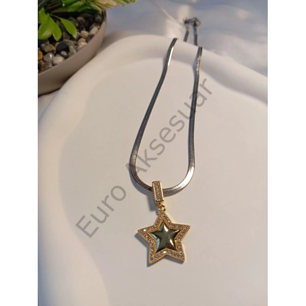 Silver İtalyan Zincirli Yıldız Figürlü Çelik Kolye
