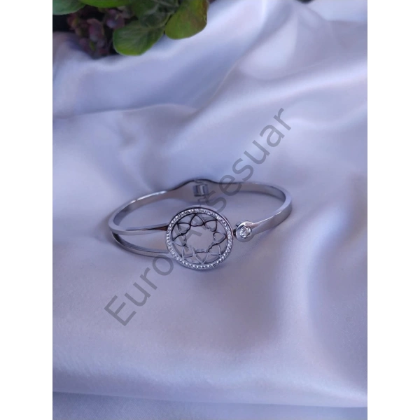 Silver Kalp Figürlü Halka Çelik Kelepçe Bileklik