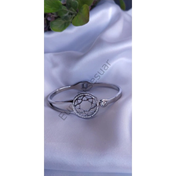 Silver Kalp Figürlü Halka Çelik Kelepçe Bileklik