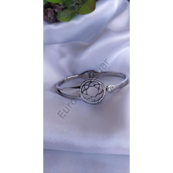 Silver Kalp Figürlü Halka Çelik Kelepçe Bileklik