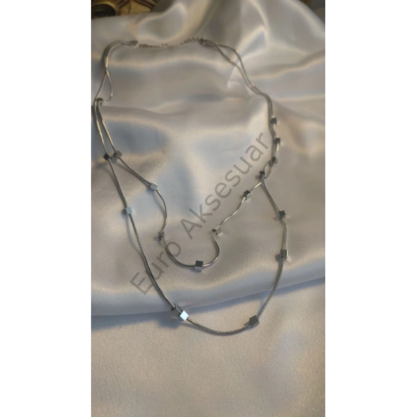 Silver Küp Detaylı İkili Kolye