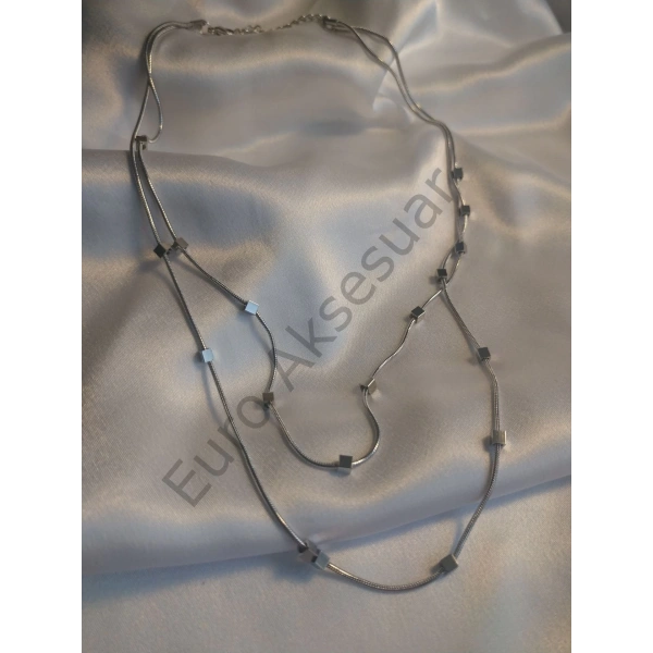 Silver Küp Detaylı İkili Kolye