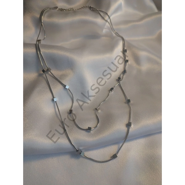 Silver Küp Detaylı İkili Kolye