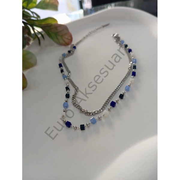 Silver Mavi Boncuklu Çelik Halhal