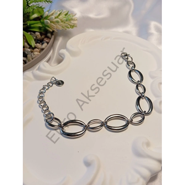 Silver Oval Şekilli Çelik Bileklik