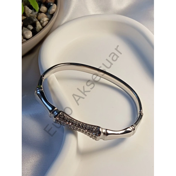 Silver Taş Detaylı Çelik Kelepçe Bileklik
