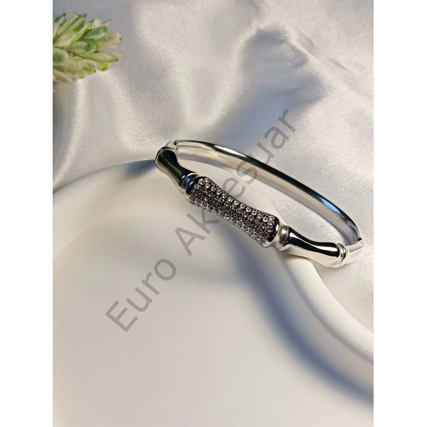 Silver Taş Detaylı Çelik Kelepçe Bileklik